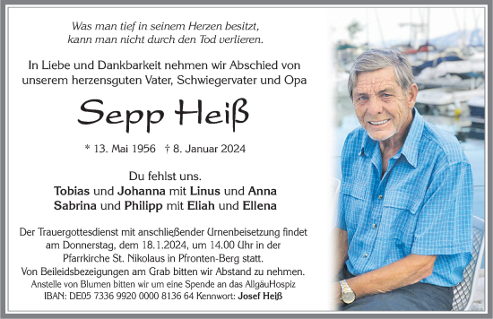 Traueranzeige von Sepp Heiß von Allgäuer Zeitung, Füssen