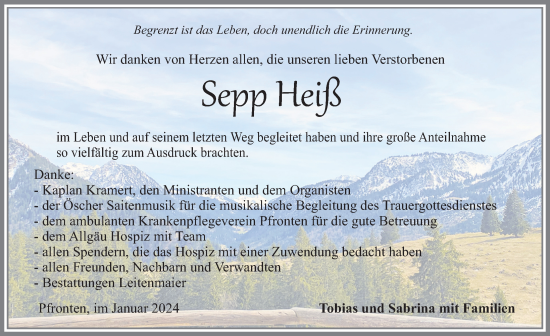 Traueranzeige von Sepp Heiß von Allgäuer Zeitung, Füssen