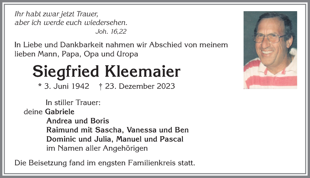  Traueranzeige für Siegfried Kleemaier vom 05.01.2024 aus Allgäuer Zeitung,Kempten