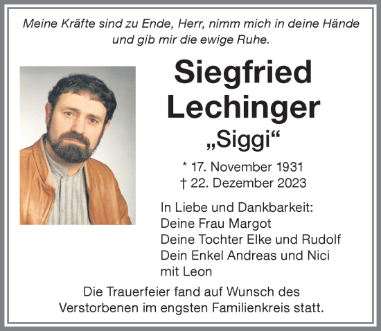 Traueranzeige von Siegfried Lechinger von Memminger Zeitung