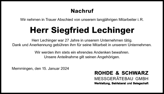 Traueranzeige von Siegfried Lechinger von Memminger Zeitung