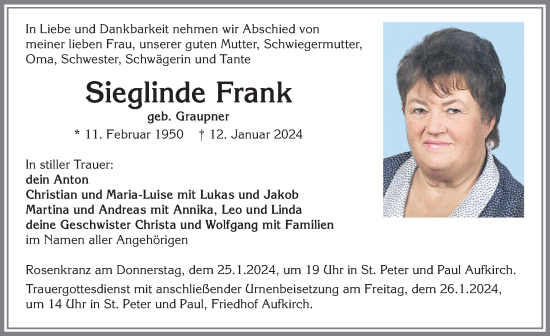 Traueranzeige von Sieglinde Frank von Allgäuer Zeitung, Kaufbeuren/Buchloe
