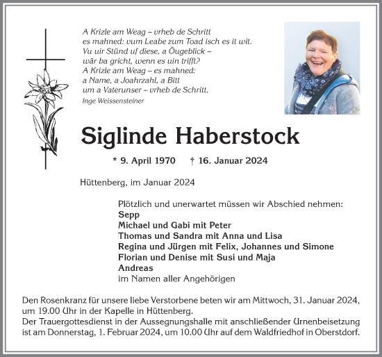 Traueranzeige von Siglinde Haberstock von Allgäuer Anzeigeblatt
