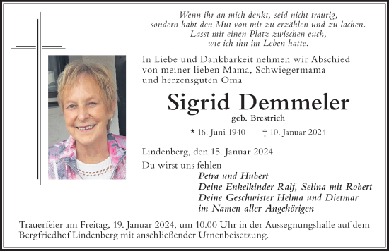 Traueranzeige von Sigrid Demmeler von Der Westallgäuer