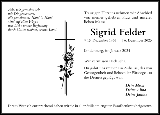 Traueranzeige von Sigrid Felder von Der Westallgäuer