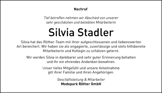Traueranzeige von Silvia Stadler von Allgäuer Zeitung, Kaufbeuren/Buchloe