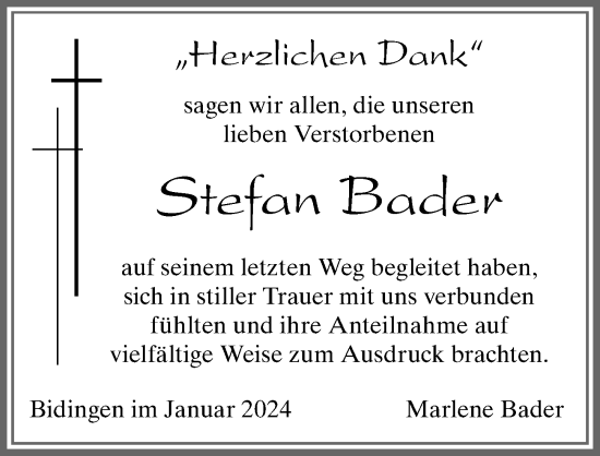 Traueranzeige von Stefan Bader von Allgäuer Zeitung, Marktoberdorf
