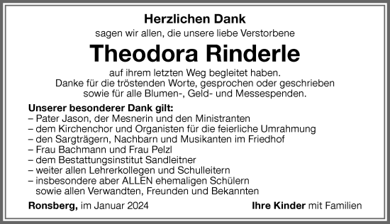 Traueranzeige von Theodora Rinderle von Allgäuer Zeitung, Marktoberdorf