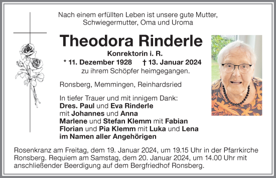 Traueranzeige von Theodora Rinderle von Allgäuer Zeitung, Marktoberdorf