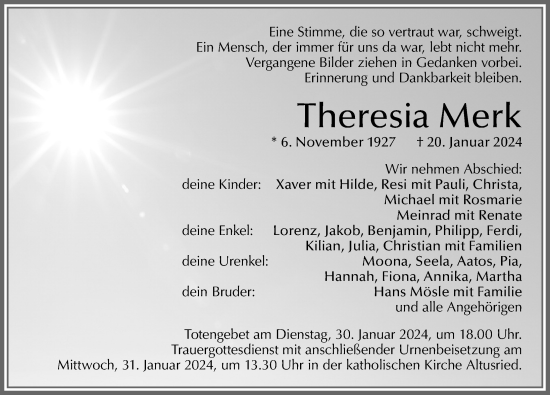 Traueranzeige von Theresia Merk von Allgäuer Zeitung,Kempten