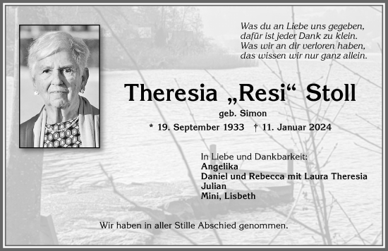 Traueranzeige von Theresia Stoll von Allgäuer Zeitung,Kempten