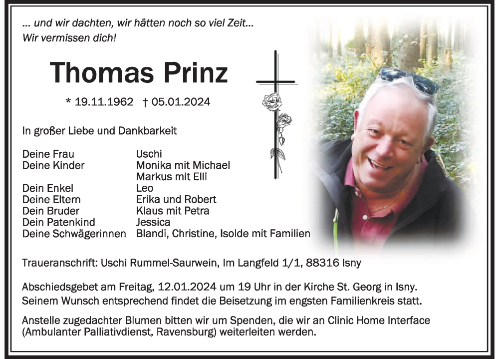  Traueranzeige für Thomas Prinz vom 10.01.2024 aus Der Westallgäuer