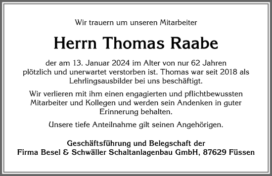 Traueranzeige von Thomas Raabe von Allgäuer Zeitung, Füssen