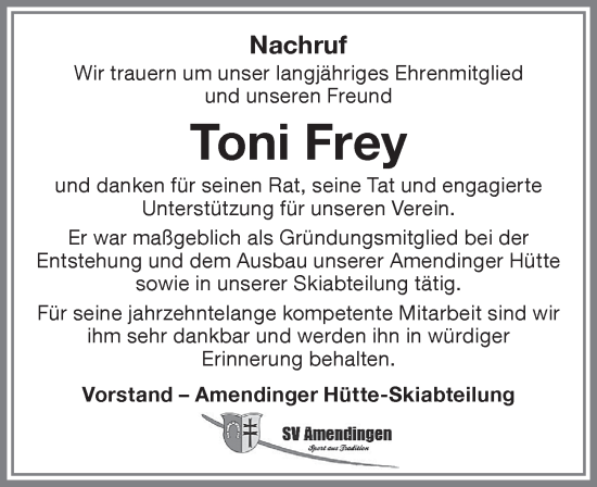Traueranzeige von Toni Frey von Memminger Zeitung