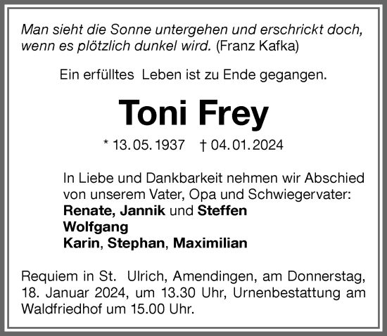 Traueranzeige von Toni Frey von Memminger Zeitung