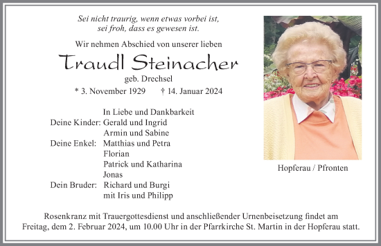 Traueranzeige von Traudl Steinacher von Allgäuer Zeitung, Füssen