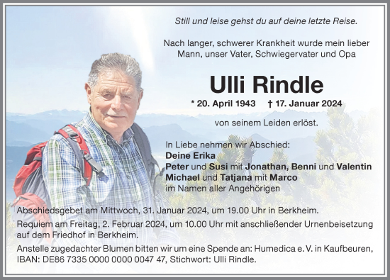 Traueranzeige von Ulli Rindle von Memminger Zeitung