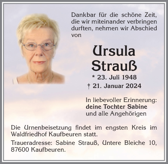 Traueranzeige von Ursula Strauß von Allgäuer Zeitung, Kaufbeuren/Buchloe