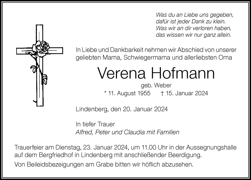  Traueranzeige für Verena Hofmann vom 20.01.2024 aus Der Westallgäuer