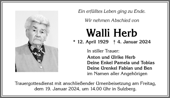 Traueranzeige von Walli Herb von Allgäuer Zeitung,Kempten