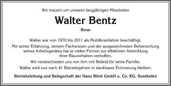 Traueranzeige von Walter Bentz von Allgäuer Anzeigeblatt