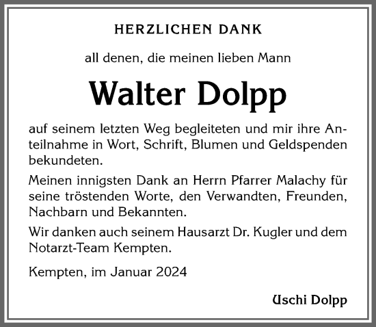 Traueranzeige von Walter Dolpp von Allgäuer Zeitung,Kempten
