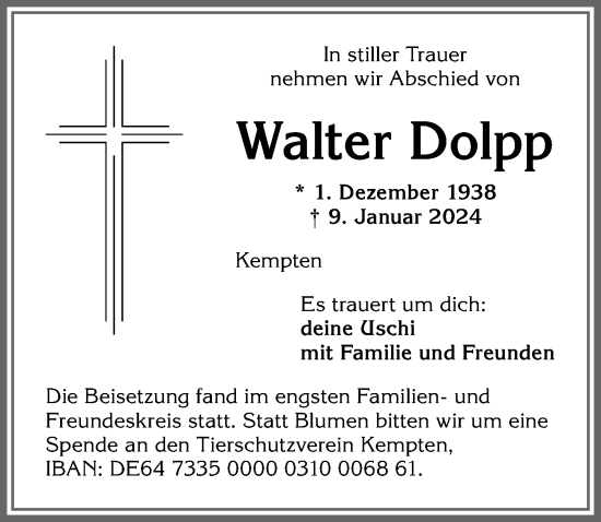 Traueranzeige von Walter Dolpp von Allgäuer Zeitung,Kempten