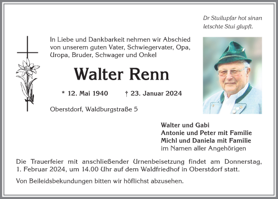 Traueranzeige von Walter Renn von Allgäuer Anzeigeblatt