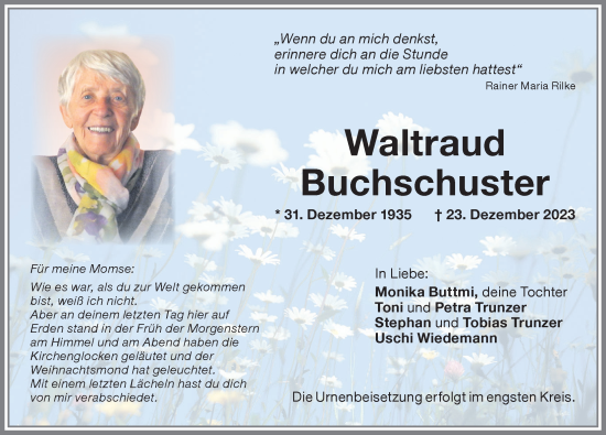 Traueranzeige von Waltraud Buchschuster von Memminger Zeitung