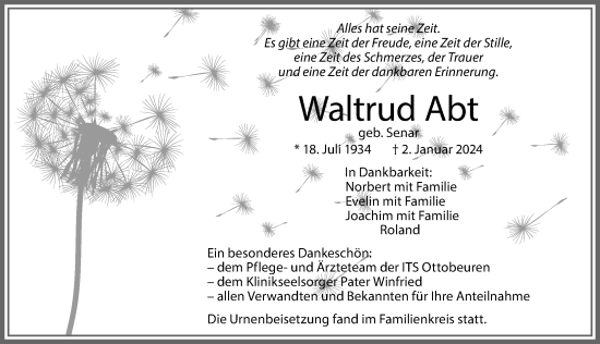 Traueranzeige von Waltrud Abt von Memminger Zeitung