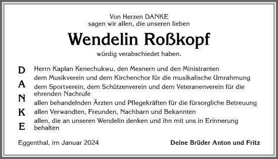 Traueranzeige von Wendelin Roßkopf von Allgäuer Zeitung, Kaufbeuren/Buchloe