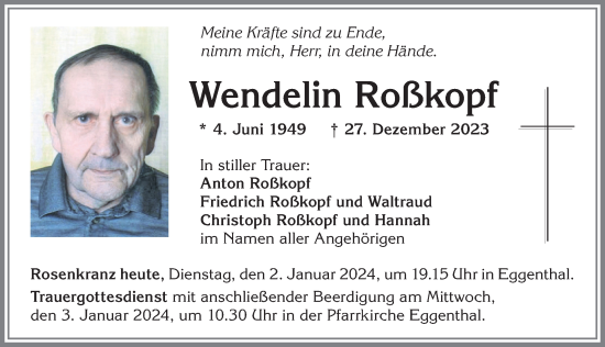 Traueranzeige von Wendelin Roßkopf von Allgäuer Zeitung, Kaufbeuren/Buchloe