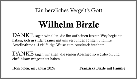 Traueranzeige von Wilhelm Birzle von Allgäuer Zeitung, Kaufbeuren/Buchloe