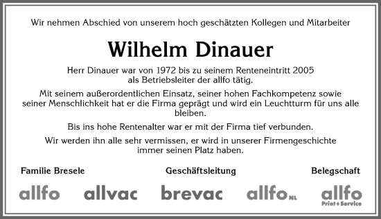 Traueranzeige von Wilhelm Dinauer von Allgäuer Zeitung,Kempten