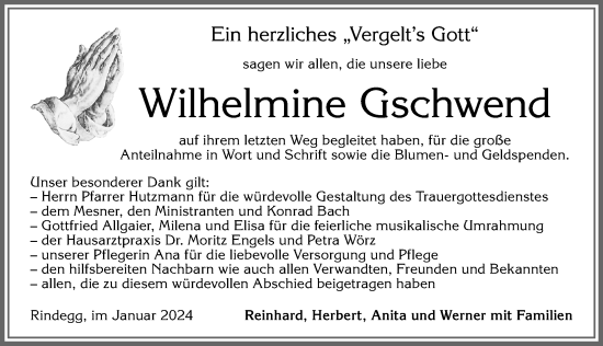 Traueranzeige von Wilhelmine Gschwend von Allgäuer Zeitung, Füssen