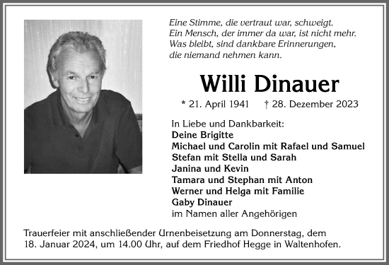 Traueranzeige von Willi Dinauer von Allgäuer Zeitung,Kempten