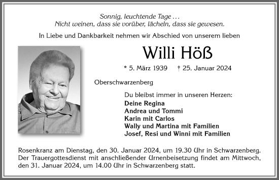 Traueranzeige von Willi Höß von Allgäuer Zeitung,Kempten
