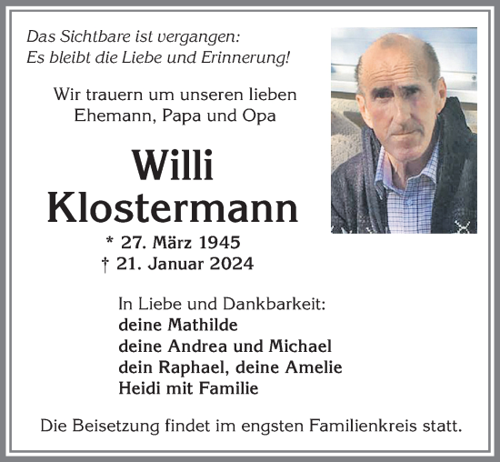 Traueranzeige von Willi Klostermann von Allgäuer Zeitung, Kaufbeuren/Buchloe