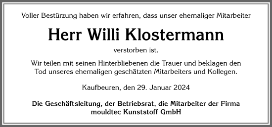 Traueranzeige von Willi Klostermann von Allgäuer Zeitung, Kaufbeuren/Buchloe