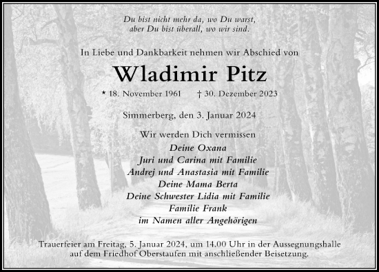 Traueranzeige von Wladimir Pitz von Der Westallgäuer