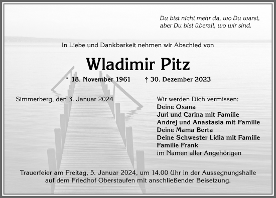 Traueranzeige von Wladimir Pitz von Allgäuer Anzeigeblatt