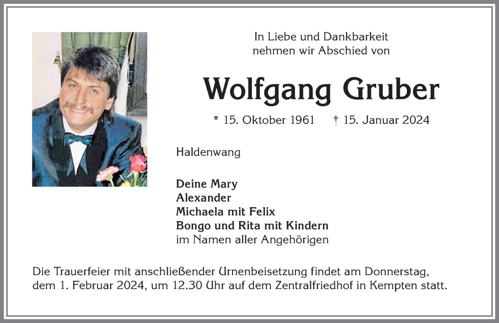  Traueranzeige für Wolfgang Gruber vom 20.01.2024 aus Allgäuer Zeitung, Gesamtausgabe