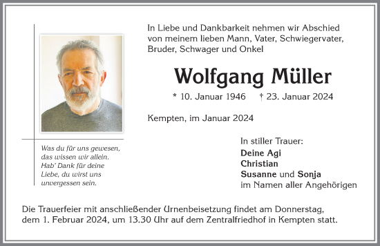 Traueranzeige von Wolfgang Müller von Allgäuer Zeitung,Kempten