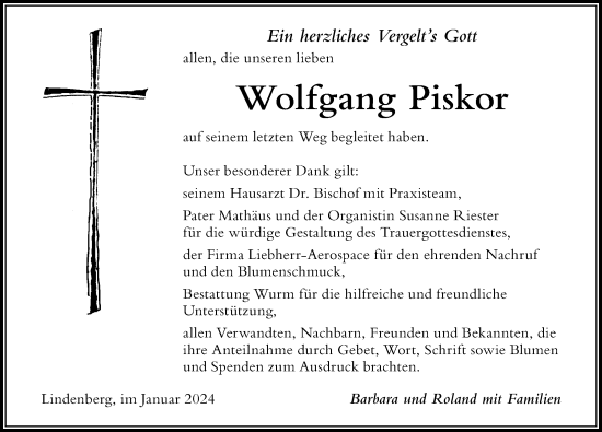 Traueranzeige von Wolfgang Piskor von Der Westallgäuer