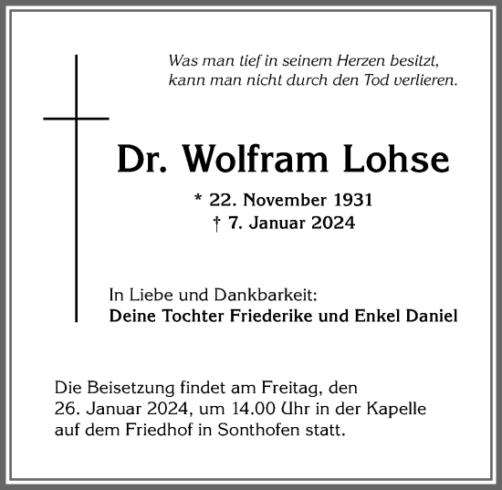 Traueranzeige von Wolfram Lohse von Allgäuer Anzeigeblatt