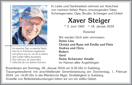 Traueranzeige von Xaver Steiger von Allgäuer Zeitung,Kempten