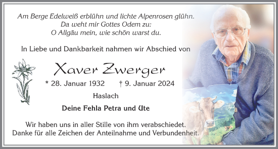 Traueranzeige von Xaver Zwerger von Allgäuer Zeitung,Kempten