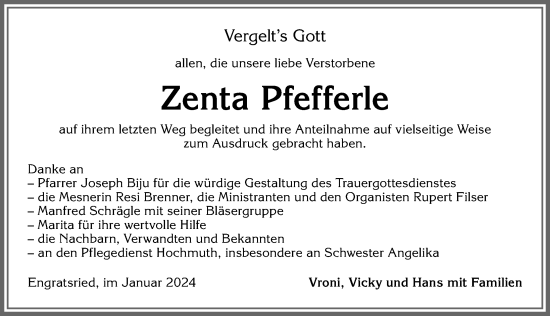 Traueranzeige von Zenta Pfefferle von Allgäuer Zeitung, Marktoberdorf