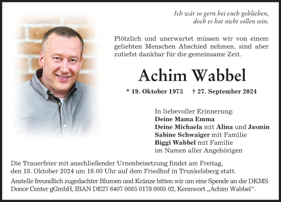 Traueranzeige von Achim Wabbel von Memminger Zeitung