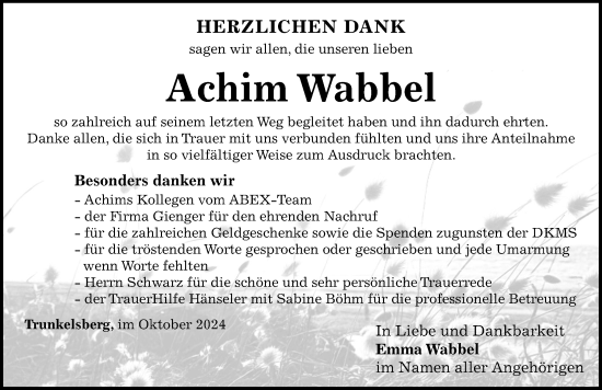 Traueranzeige von Achim Wabbel von Memminger Zeitung